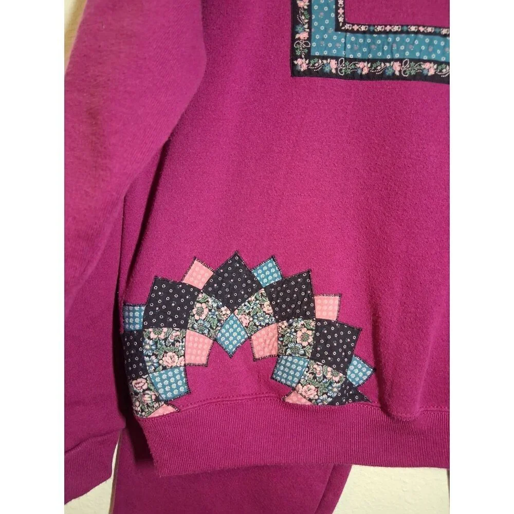 Tultex Magenta Sweatshirt and Joggers Set with Patchwork Flower Accents